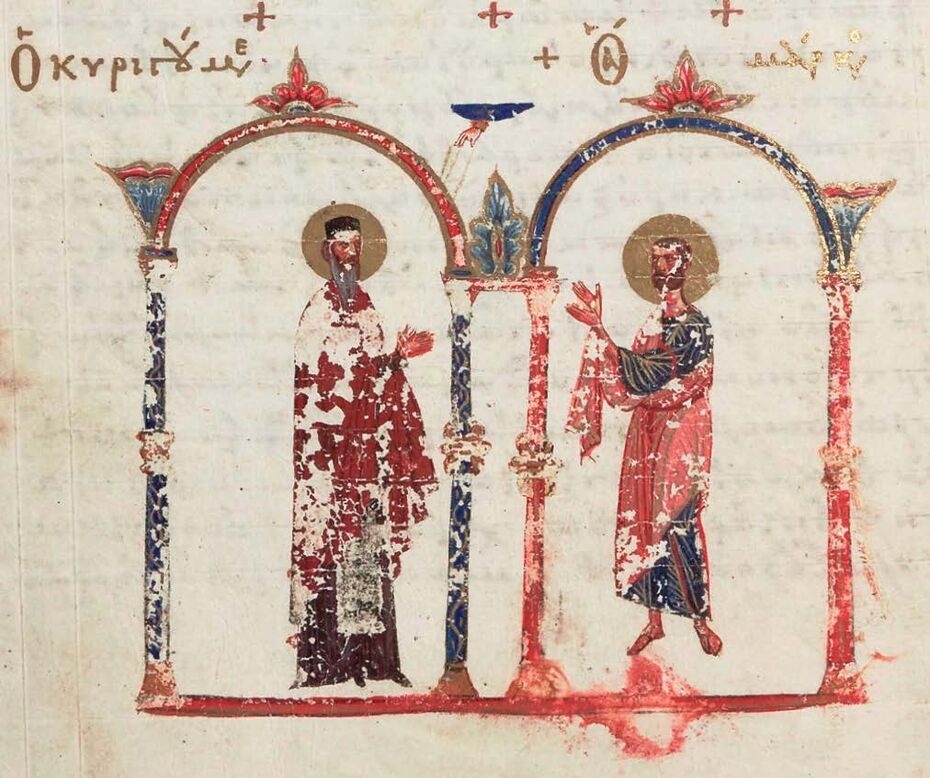 Ил. 7. Игумен перед евангелистом Марком. Миниатюра Четвероевангелия (BnF, gr. 74), fol. 101v. 1057–1059 гг. Фото: Bibliothèque Nationale de France
