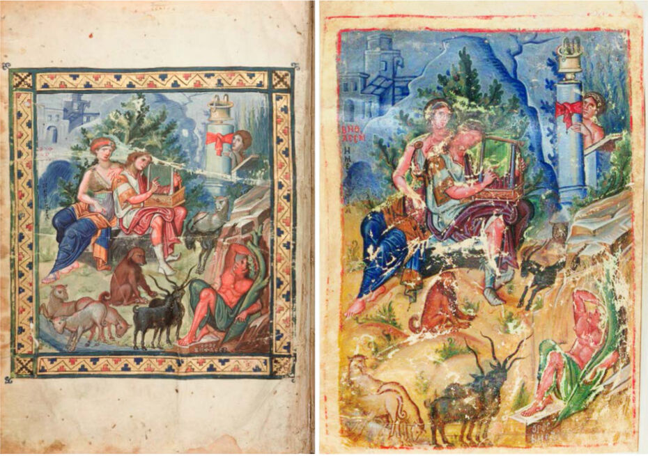 Ил. 15. Давид, играющий на псалтири. Миниатюра Парижской псалтири (BnF, gr. 139), fol. 1v. Ок. середины X в. Фото: Bibliothèque Nationale de France // Ил. 16. Давид, играющий на псалтири. Миниатюра фрагмента псалтири (РНБ, гр. 269), л. 1. Последняя четверть XIII в. Фото: Российская национальная библиотека