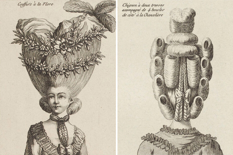 Ил. 4. Б/а. Прическа «Флора». Фрагмент листа из ”Gallerie des modes et des costumes français“. Б/д. Офорт, резец. Национальная библиотека Франции // Ил. 5. Б/а. Шиньон с четырьмя косами и четырьмя буклями а-ля Канчеляри. Фрагмент листа из ”Gallerie des modes et des costumes français“. Б/д. Офорт, резец. Национальная библиотека Франции