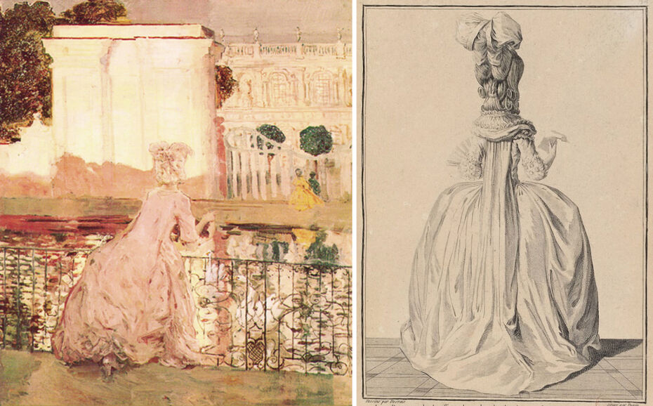 Ил. 16. К. А. Сомов. Дама у пруда. 1896. Холст, масло. 89 × 71 см. ГТГ // Ил. 17. Никола Дюпен-младший по рис. Клода Луи Десре. Молодая дама в платье из тафты цвета «волонте», гарнированном газом с «мушками»… в английском чепце. Лист из ”Gallerie des modes et des costumes français“. Б/д. Офорт, резец. Национальная библиотека Франции