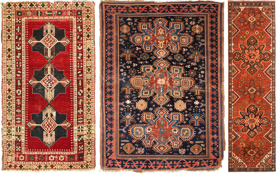 Ил. 4. Медальонный ковер. Арцах (Гадрутский район). XIX в. 220 × 120 см. Шерсть. МИА № 9162. Фото Врама Акопяна // Ил. 5. Медальонный ковер «Аревагорг». Северный Арцах. XIX в. 233 × 172 см. Шерсть. МИА № 10740. Фото Врама Акопяна // Ил. 6. Медальонный ковер «Аревагорг». Конец XIX — начало XX в. Арцах (Мартунинский район). 410 × 105 см. Шерсть. МИА № 11706–1. Фото Врама Акопяна 
