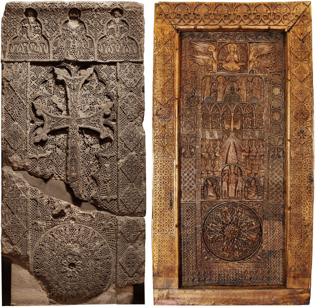 Ил. 14а. Дверь церкви Св. Апостолов Севанского монастыря. 1176. 180 × 110 × 20 см. Дерево. Резчик Ованнес. МИА № 87. Фото Врама Акопяна // Ил. 14б. Хачкар. Церковь Св. Григория Просветителя, монастырь Гошаванк в Тавуше. Конец XIII в. Мастер и резчик по камню Погос. МИА № 1318. Фото Врама Акопяна