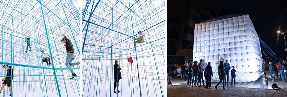 Ил. 12. Nume/For Use. String Bratislava. 2019. Нейлон, технический текстиль. Братислава, район Zuckermandel в период проведения фестиваля “Biela noc” («Белая ночь»). Вид изнутри и снаружи