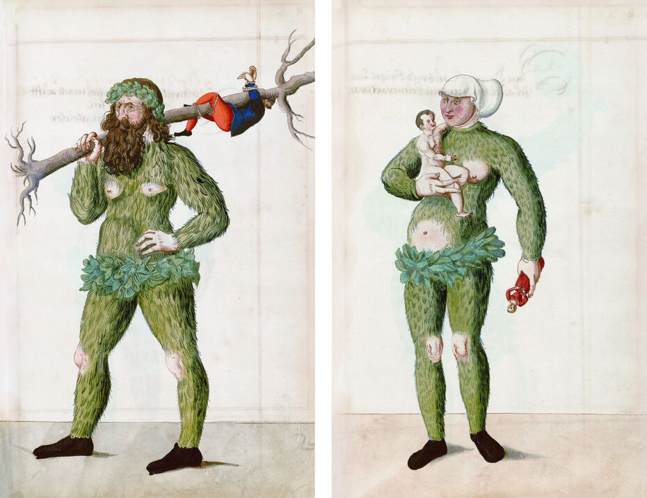 Ил. 6. Неизвестный художник. Год 1539: отдельная маска «Дикарь». 1590–1620. Бумага, гуашь, свинцовый карандаш. Библиотека Калифорнийского университета, Лос-­Анджелес, США (Coll. 170. Ms. 351. Р. 220) // Ил. 7. Неизвестный художник. Год 1539: отдельная маска «Дикарка». 1590–1620. Бумага, гуашь, свинцовый карандаш. Библиотека Калифорнийского университета, Лос-­Анджелес, США (Coll. 170. Ms. 351. Р. 222)
