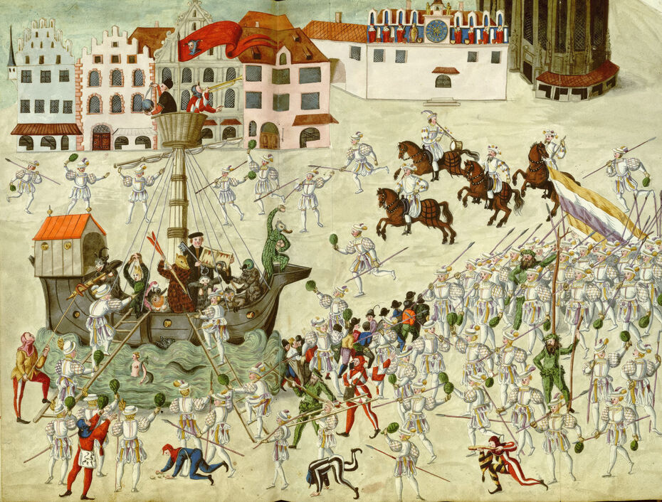 Ил. 1. Неизвестный художник. Ход ряженых 1539 года: «Штурм ада». 1590–1620. Бумага, гуашь, свинцовый карандаш. Библиотека Калифорнийского университета, Лос-­Анджелес, США (Coll. 170. Ms. 351. Р. 160)