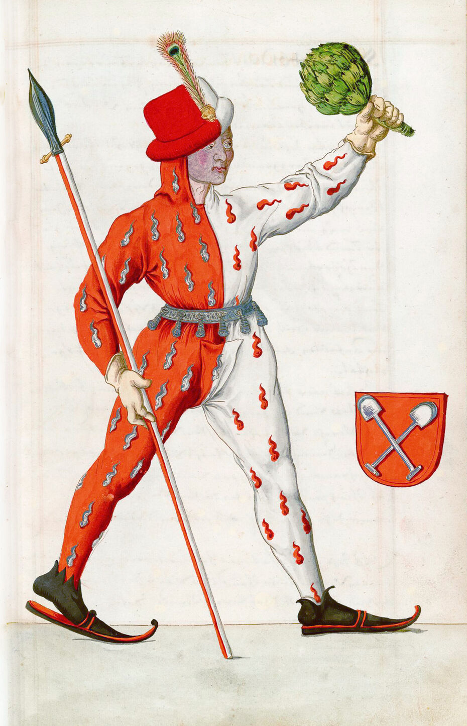  Ил. 3. Неизвестный художник. Год 1460: маска «Франт в Мi-parti». 1590–1620. Бумага, гуашь, свинцовый карандаш. Библиотека Калифорнийского университета, Лос-­Анджелес, США (Coll. 170. Ms. 351. Р. 35)