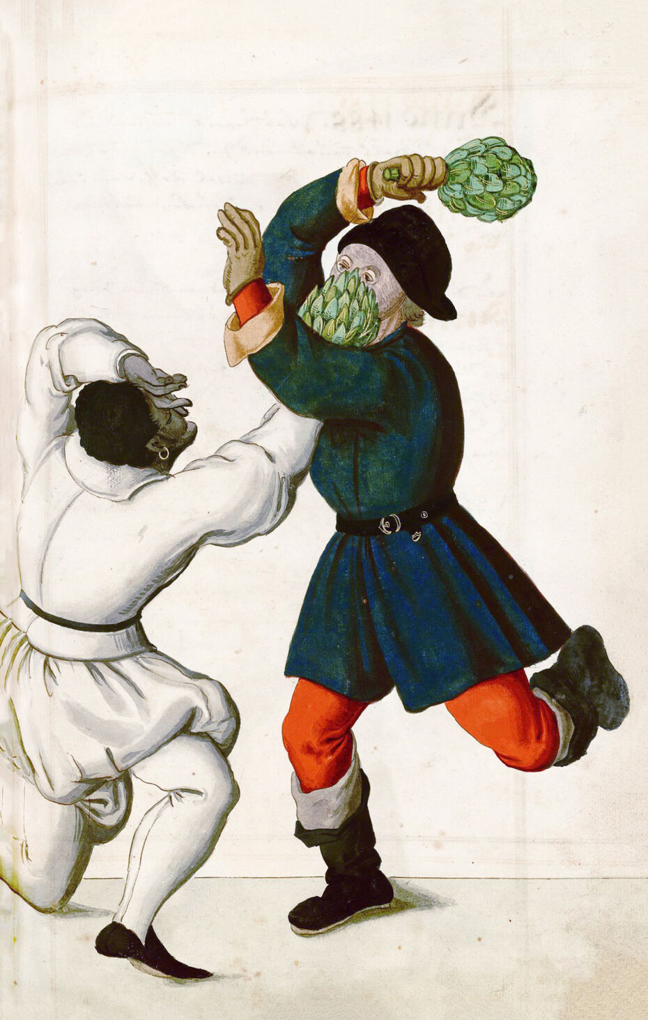 Ил. 20. Неизвестный художник. Год 1487: шуточная драка с чужаком. 1590–1620. Бумага, гуашь, свинцовый карандаш. Библиотека Калифорнийского университета, Лос-­Анджелес, США (Coll. 170. Ms. 351. Р. 85)