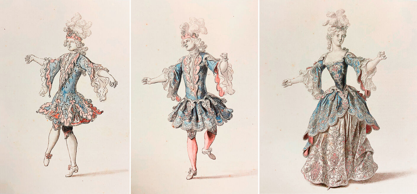 Ил. 16, 17, 18. Антонио Даниеле Бертоли. Эскизы костюмов для танцовщиков. Акварель, тушь, бумага. 30 × 24 см. Театральный музей, Вена