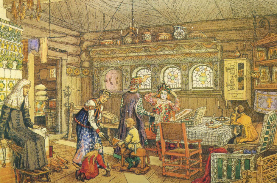 Ил. 5. А. М. Васнецов. В горнице древнерусского дома московских времен (XVI–XVII вв.). Лист издания «Картины по русской истории» под общей редакцией С. А. Князькова. М.: Гроссман и Кнебель, 1908–1913