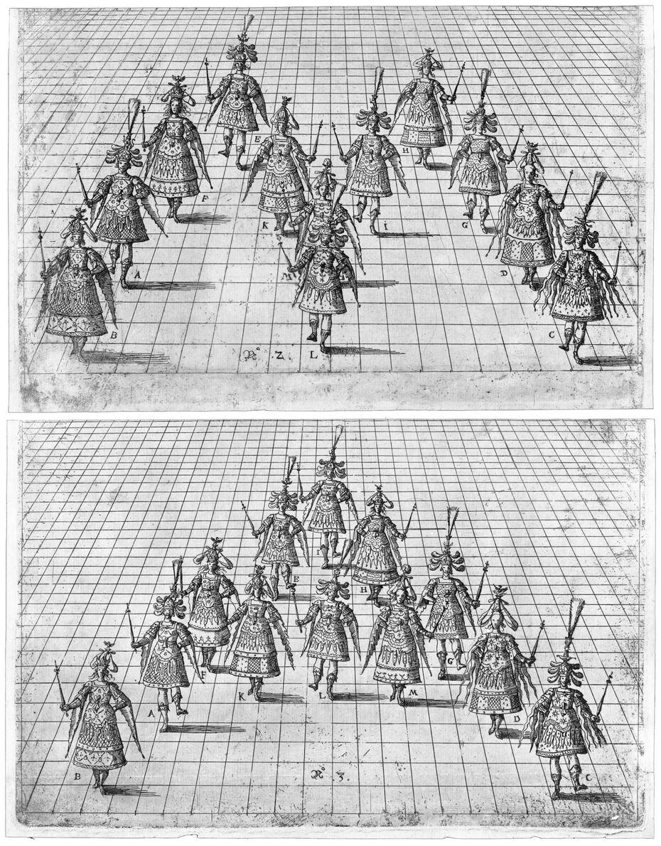 Ил. 3, 4. Phasma Dionysiacum Pragense. Накладные фрагменты гравюры с изображением балетных фигур в виде букв «М» и «А». Гравюра. 26,1 × 16,8 см. Музей Виктории и Альберта, Лондон