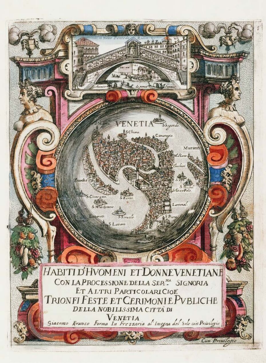 Ил. 2. Джакомо Франко. Фронтиспис в книге: Giacomo Franco. Habiti d’huomeni et donne venetiane. 1610. Гравюра. 29,6 × 20,3 см. Национальная библиотека Франции, Париж