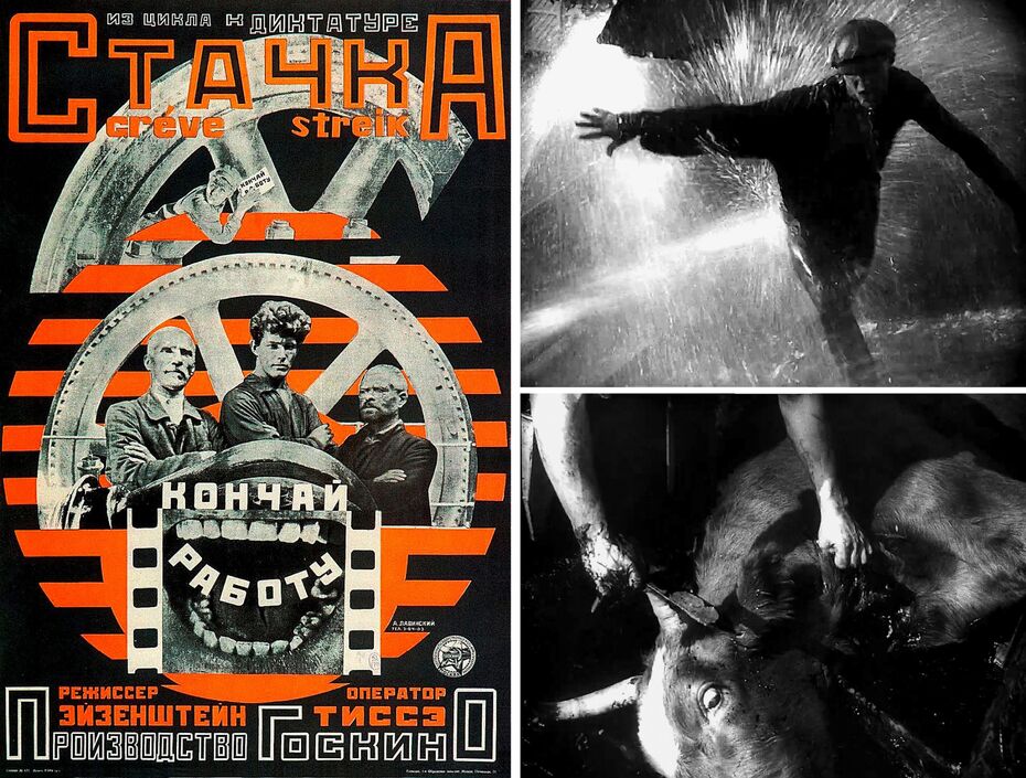 Ил. 7. Киноплакат к фильму «Стачка». 1924 // Ил. 8. Кадры из фильма «Стачка». 1924