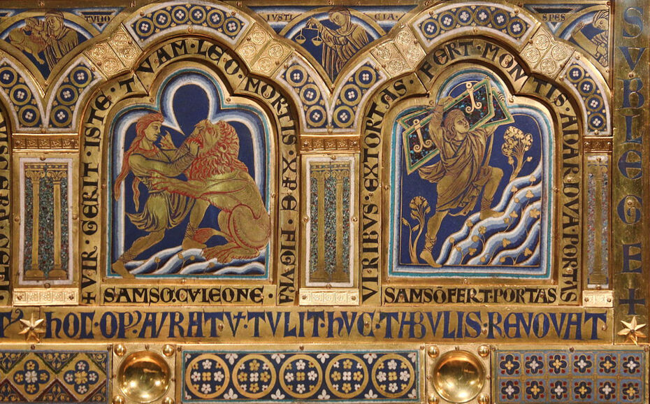 Ил. 8. Николай Верденский. Клостернойбургский алтарь. 1181. Фрагмент нижнего яруса: Самсон с вратами Газы, Самсон со львом. Монастырь Клостернойбург