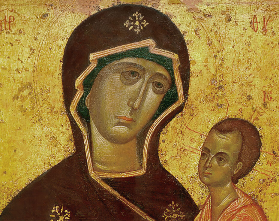 Ил. 2. Лик Богоматери. Деталь иконы. Богоматерь Одигитрия Тихвинская. Кон. XIV в. Новгород. Дерево, темпера. 88,5 × 66. Успенский собор Большого Тихвинского монастыря