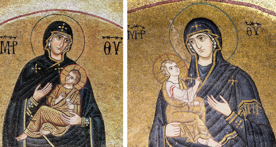 Ил. 6. Богоматерь Одигитрия. 1030–1040-е. Мозаики северного и южного компартиментов наоса кафоликона монастыря Осиос Лукас в Фокиде, Греция