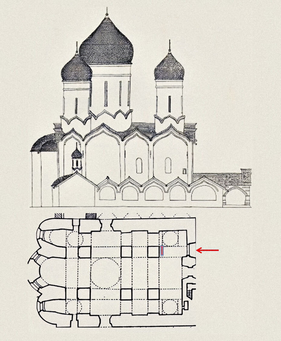 Ил. 9. Успенский собор Тихвинского монастыря. 1507–1515. План и северный фасад. Реконструкция облика А. Н. Милорадовича
