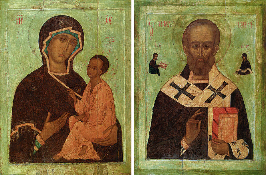 Ил. 18–19. Богоматерь Тихвинская и Николай Чудотворец. Ок. 1554. Москва. Иконы. Дерево, темпера. 102 × 72. Из Успенского собора в Дмитрове. Центральный музей имени Андрея Рублева, Москва