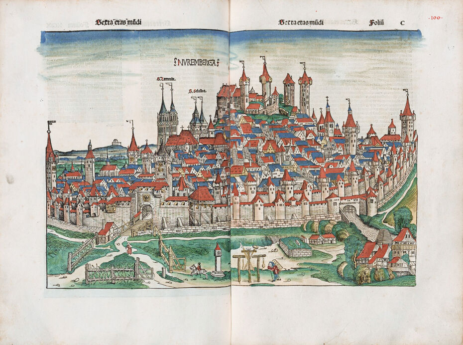 Ил. 1–2. Хартман Шедель. Панорама Нюрнберга. 1493. «Всемирная Хроника». 32,89 × 47,36 см. По экземпляру из собрания Баварской государственной библиотеки, Мюнхен