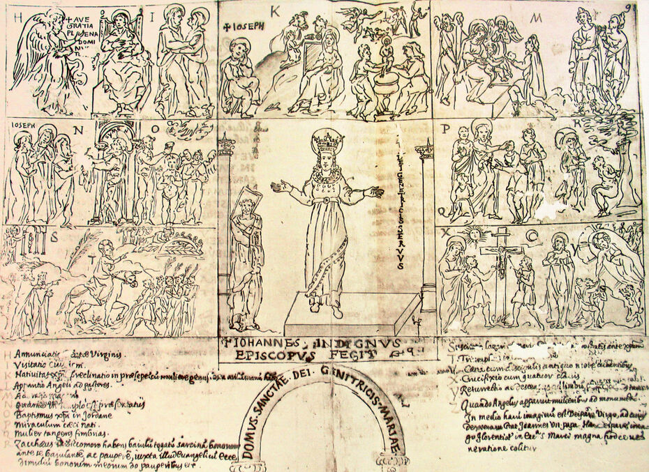 Ил. 3. Иоанн VII (705–707) перед Богоматерью Орантой и христологический цикл. Ораторий в старой базилике Св. Петра в Риме. Рисунок нач. XVII в., сделанный накануне разрушения оратория. Ватиканская библиотека
