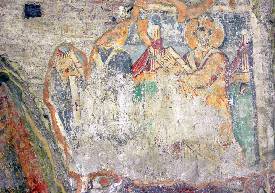Ил. 7. Григорий Великий (590–604) и Мартин I (649–653). Нач. VIII в. Росписи по правую сторону от главной апсиды. Церковь Санта Мария Антиква, Рим