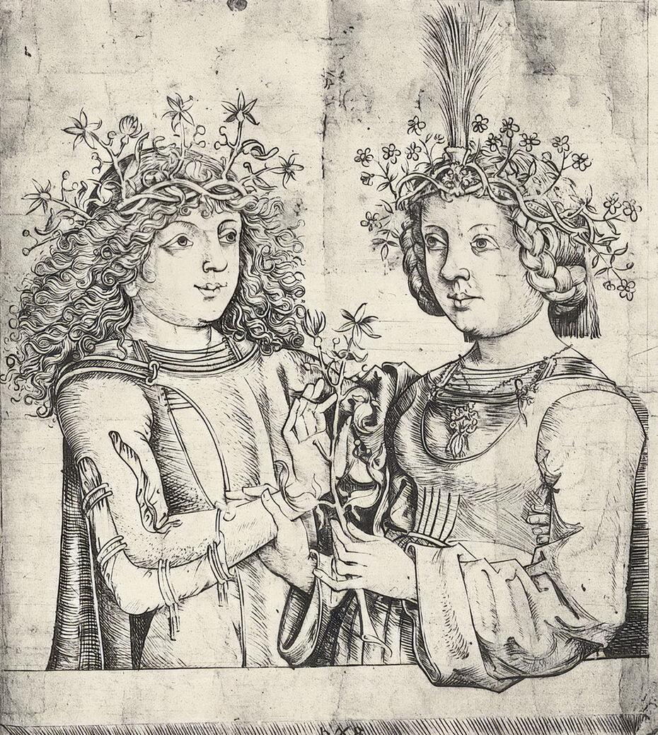 Ил. 20. Монограммист bg. Жених и невеста. Ок. 1480. Бумага, гравюра резцом. Ранее: коллекция Ротшильдов, Париж