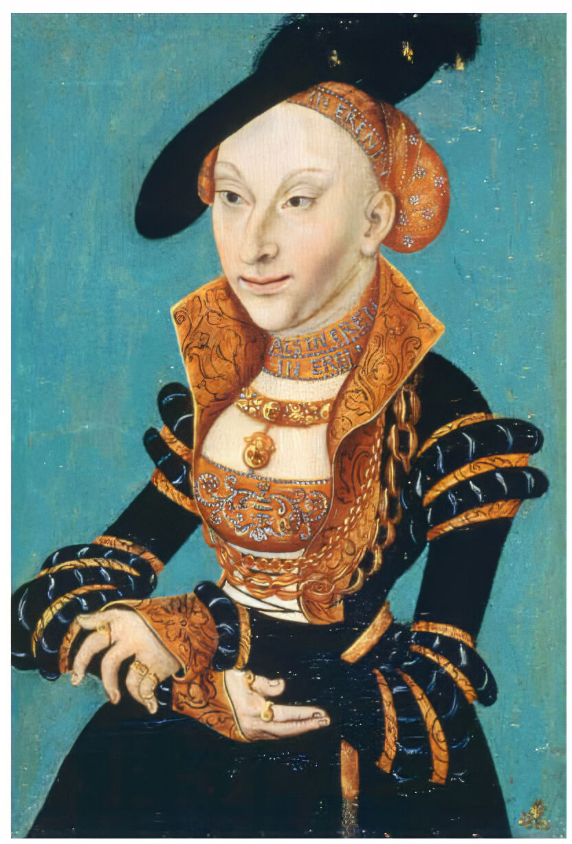 Ил. 22. Лукас Кранах Старший и мастерская. Портрет Сибиллы Клевской. Ок. 1536. Дерево (дуб), темпера, масло. 20,8 × 14,4. Коллекция замка в Кобурге