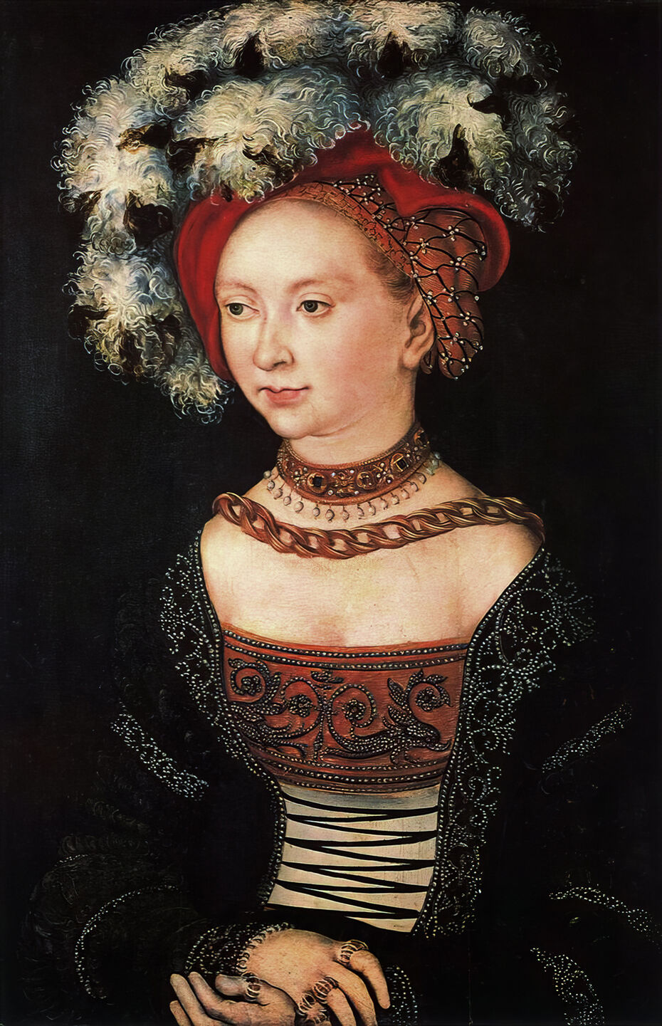 Ил. 30. Лукас Кранах Старший и мастерская. Портрет Сибиллы Саксонской (?). 1530-е. Дерево, масло. 42 × 29. Галерея Уффици, Флоренция
