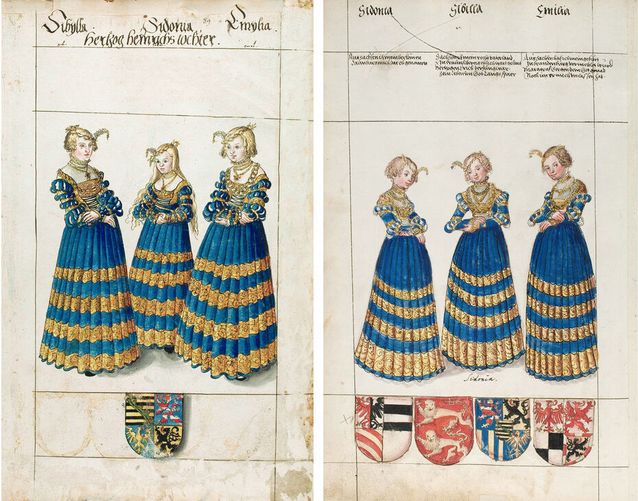 Ил. 31–32. Иллюстрации из «Саксонской семейной книги». 1500–1546. 30 × 20. Библиотека земли Саксония, Дрезден