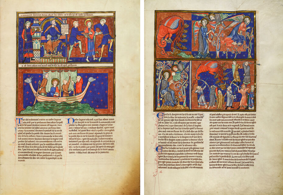 Ил. 11. Сцены из жизни апостола Иоанна. 1255–1260. Апокалипсис. Пергамен. 43,5 × 32. Библиотека Тринити Колледж, Кембридж // Ил. 12. Дракон и Жена, облеченная в солнце. 1255–1260. Апокалипсис. Пергамен. 43,5 × 32. Библиотека Тринити Колледж, Кембридж