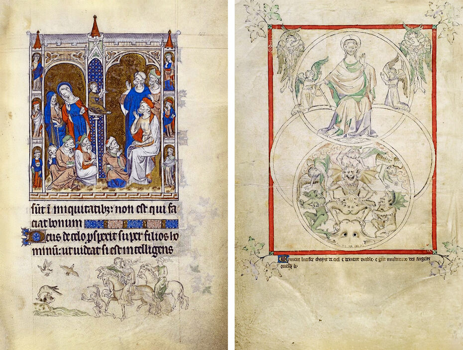 Ил. 17. Христос среди учителей. 1310–1320. Псалтирь королевы Марии. Пергамен. 27,5 × 17,5. Лондон или Школа Восточной Англии. Британская библиотека, Лондон // Ил. 18. Бог-Творец с ангелами и Люцифер с демонами. 1310–1320. Псалтирь королевы Марии. Пергамен. 27,5 × 17,5. Лондон или Школа Восточной Англии. Британская библиотека, Лондон