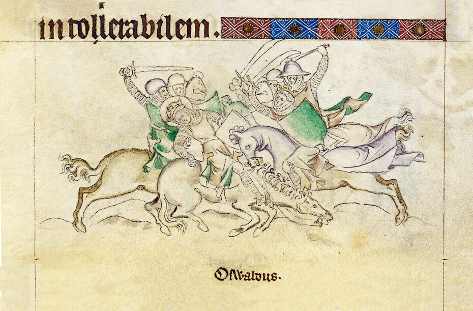Ил. 19. Король Освальд в битве при Мазерфилде (деталь). 1310–1320. Псалтирь королевы Марии. Пергамен. 27,5 × 17,5. Лондон или Школа Восточной Англии. Британская библиотека, Лондон
