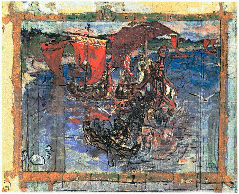 Ил. 8. Н. К. Рерих. Заморские гости. Эскиз композиции. 1900–1901. Бумага, гуашь, тушь, перо, бронзовая краска. 16,6 × 20,3. ГРМ, Санкт-Петербург