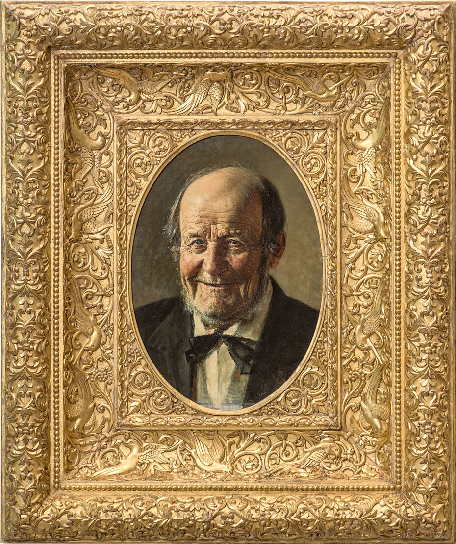 Ил. 3. В. В. Верещагин. Отставной дворецкий. 1888. Холст, масло. 47 × 32. Рама создана по замыслу художника в мастерской М. Д. Левозорова, Ростов Великий. 1888. Дерево, резьба, левкас, комбинированное золочение. 66,2 × 57 × 9,5. ГРМ, Санкт-Петербург
